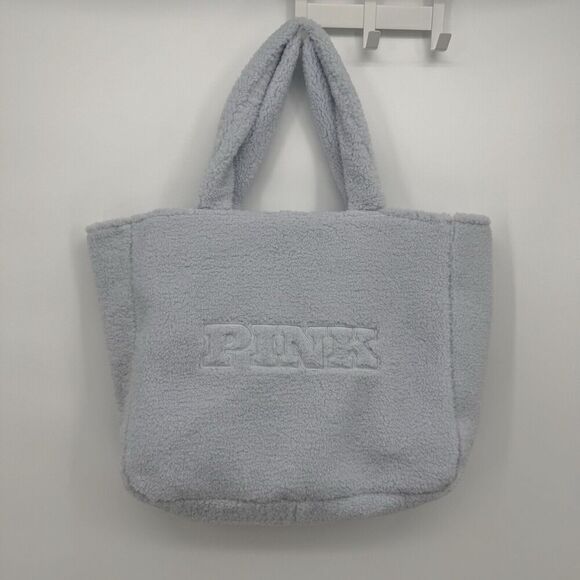 VS PINK Light Blue Plush Sherpa Tote Bag Travel Classic Medium - Picture 1 of 11